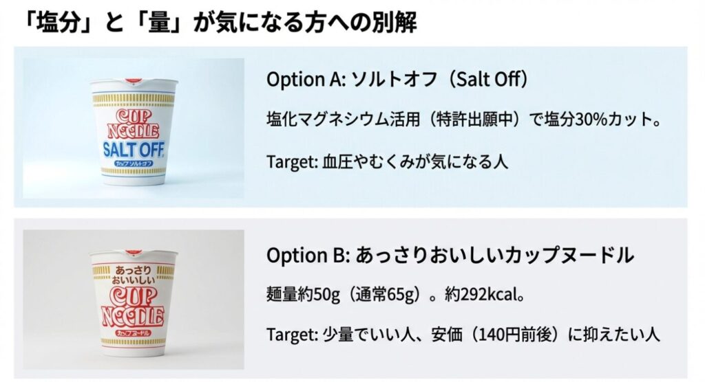 カップヌードルライト 減塩ニーズに応える「ソルトオフ」というもう一つの選択肢