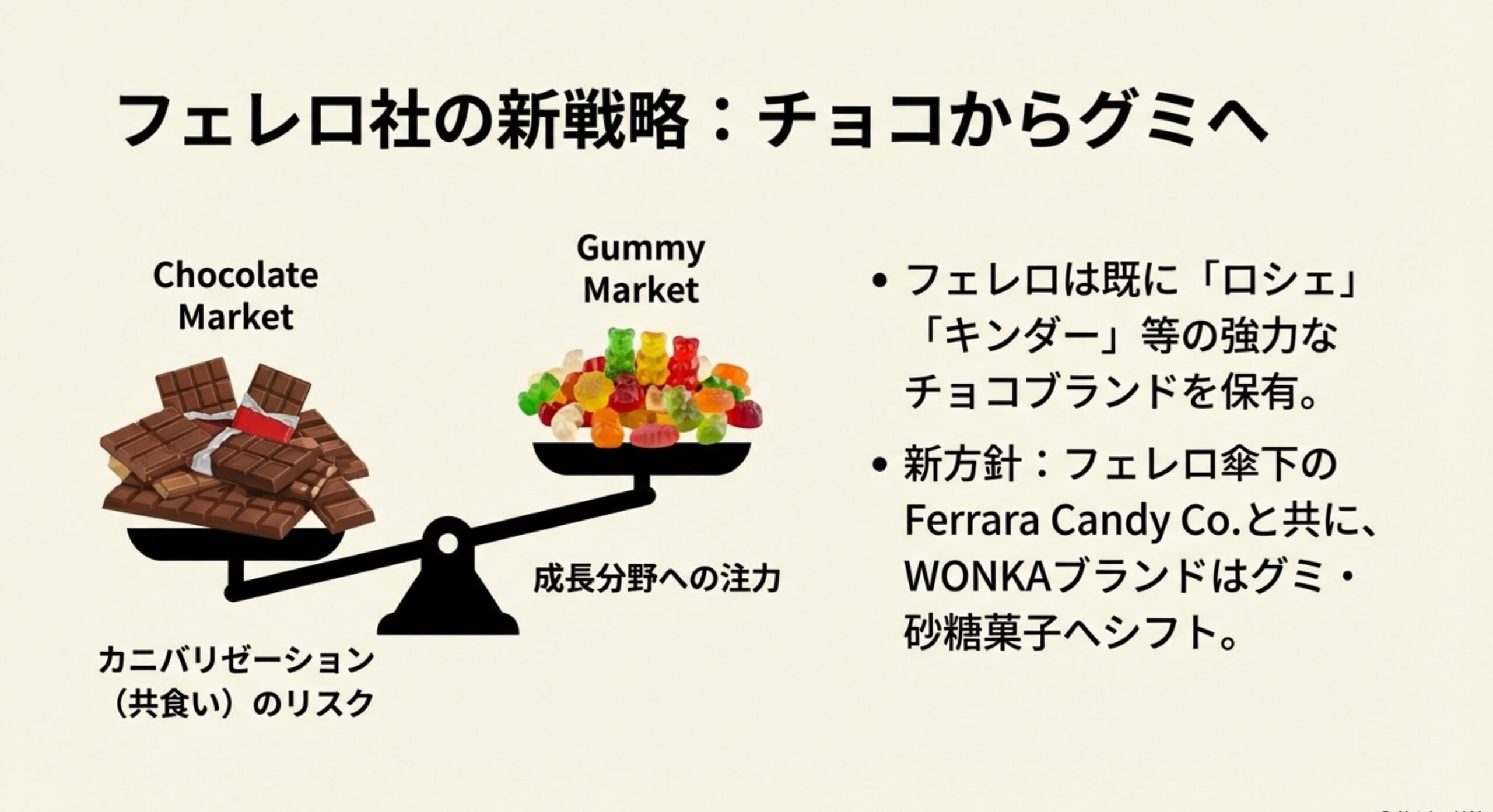 ウォンカチョコ 世界的なグミ市場へのシフトとフェレロの戦略