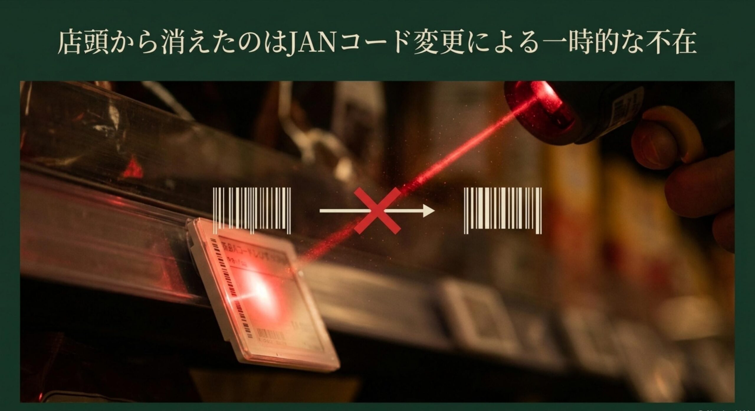 パッケージリニューアルや内容量変更に伴う旧JANコード廃止により店頭から一時的に消えた状況